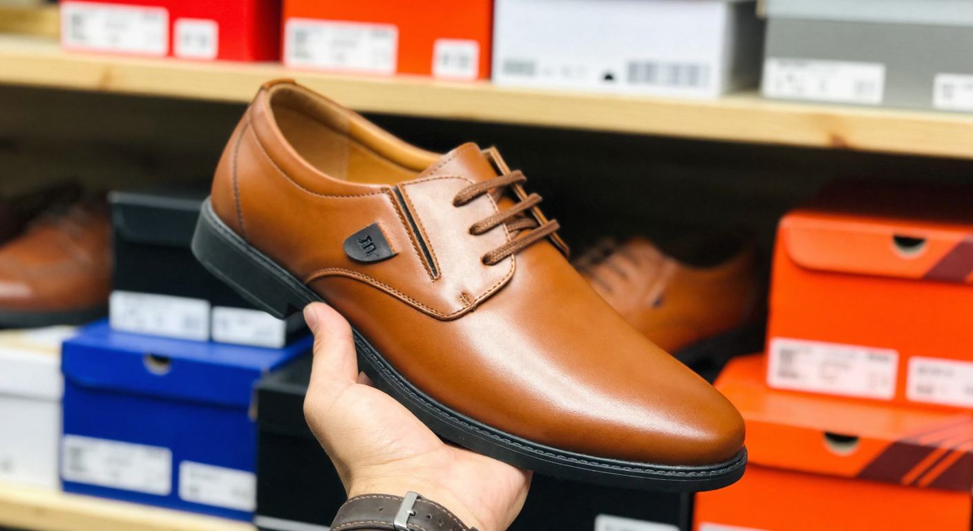 A hand holding a pair of brown leather shoes with a small "EU" tag near the sole, placed on a wooden bench in a Turkish bazaar, surrounded by colorful shoeboxes.