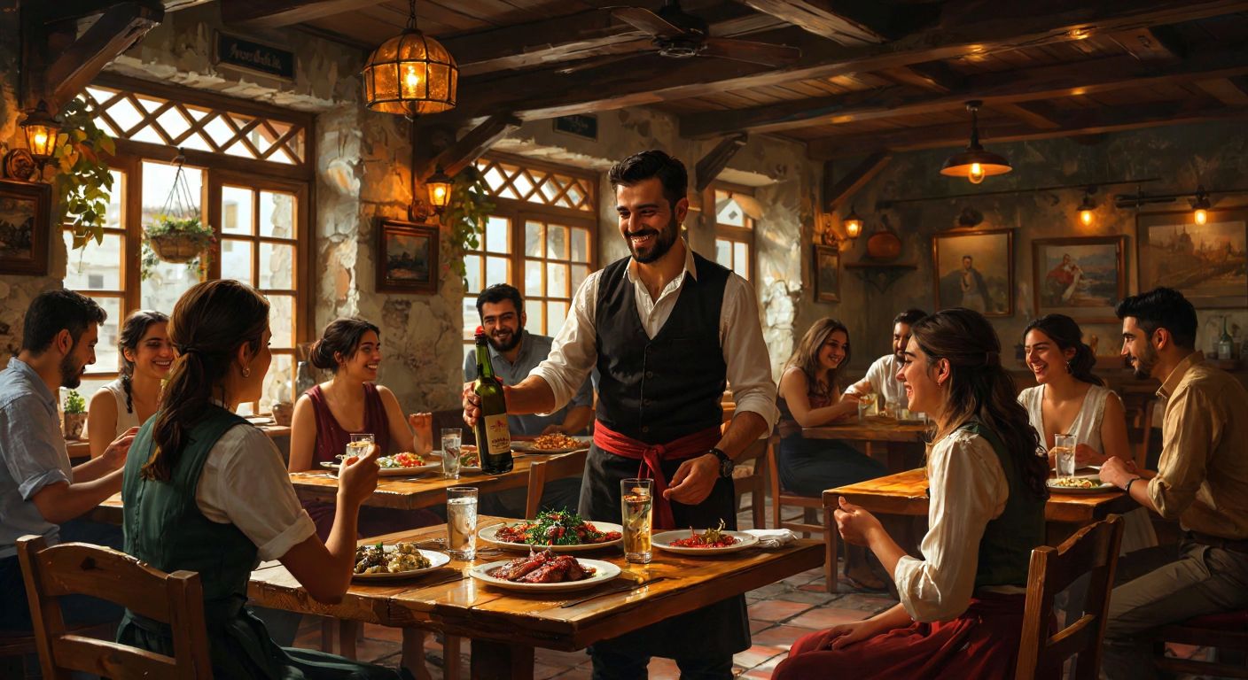 A cozy, warmly lit Turkish tavern with wooden tables, plates of meze, and glasses of raki, where a smiling waiter presents a bottle to a group of cheerful friends.