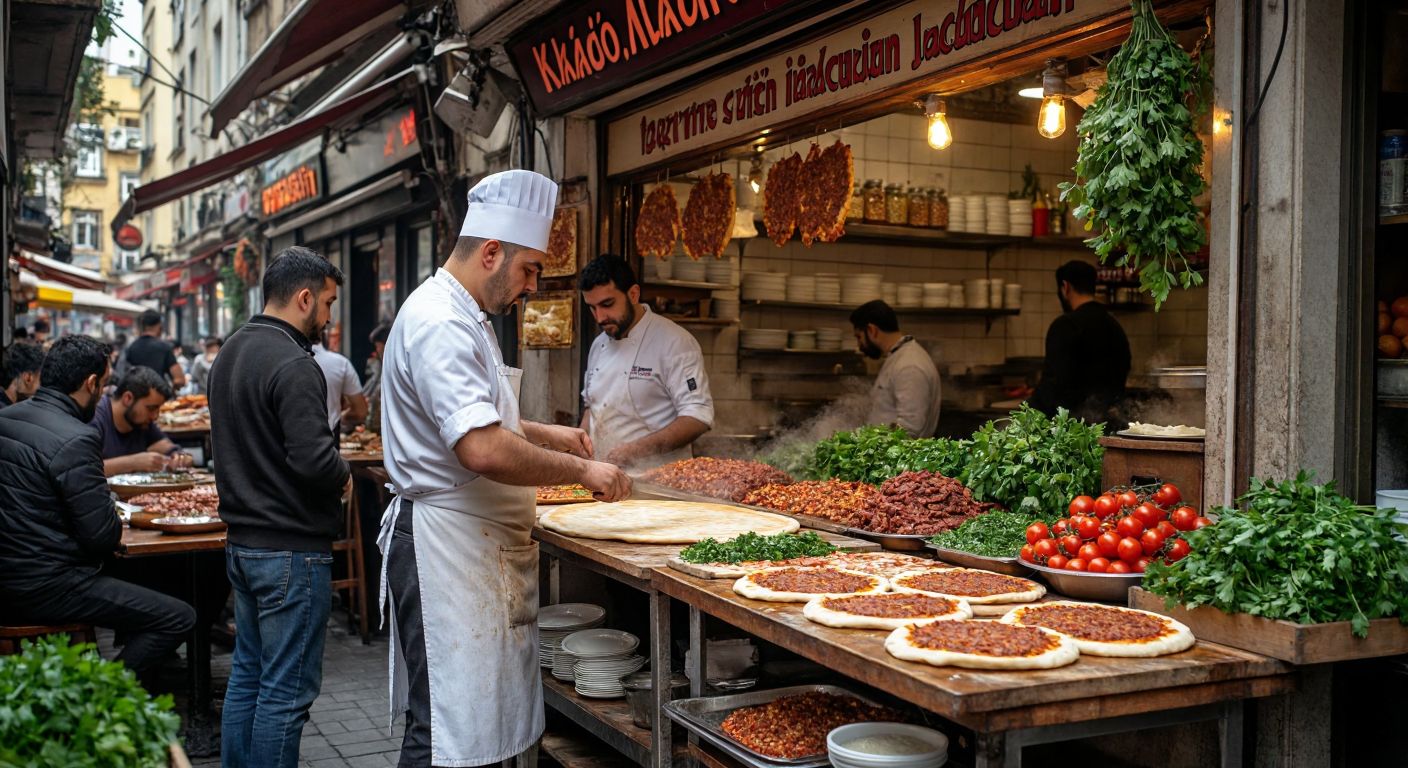 A bustling Kadıköy street scene with a small, lively lahmacun restaurant, where a chef in a white apron rolls out thin dough while customers eagerly watch, their faces lit with anticipation, surrounded by the warm aroma of spiced meat and fresh herbs.