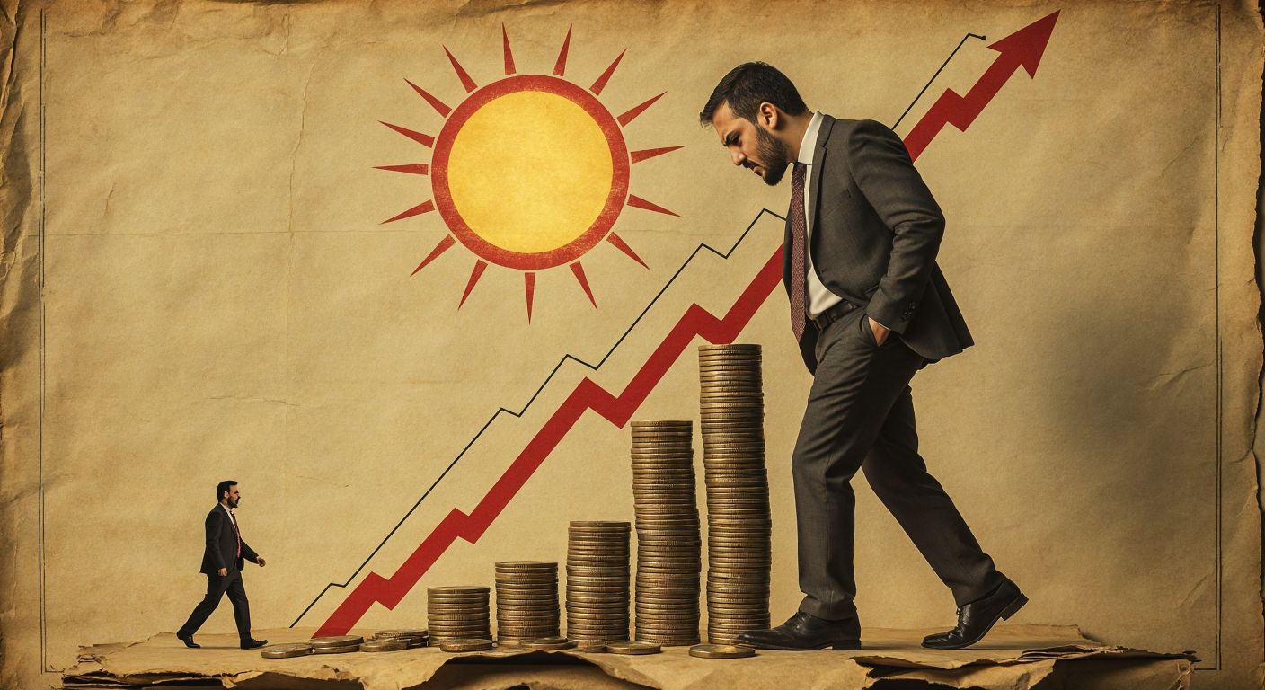 A downward-sloping graph line on parchment, with a Turkish businessman frowning as he holds a shrinking stack of coins, while another businessman walks away with a larger stack under a rising sun.
