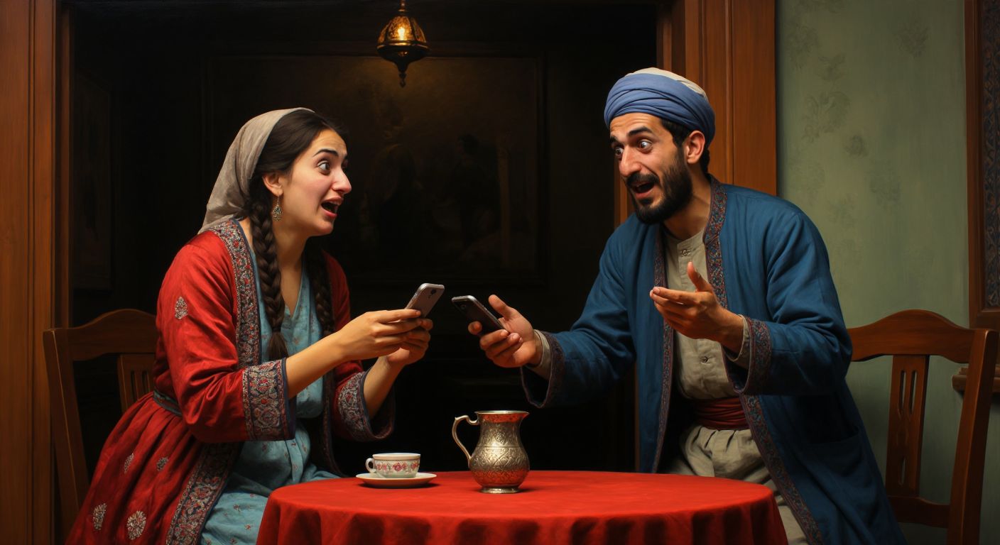 A person in Turkey with a surprised expression holds a mobile phone while another person nods in agreement, standing near a small table with a traditional Turkish tea glass.