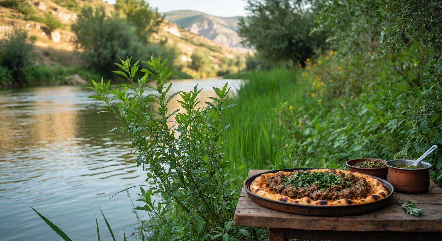 A lush green wetland plant with delicate leaves growing by a riverbank in Anatolia, alongside a rustic wooden table in Siirt laden with sizzling Büryan Kebab, golden Perde Pilav, and aromatic Siirt Kitel, evoking warmth and tradition.