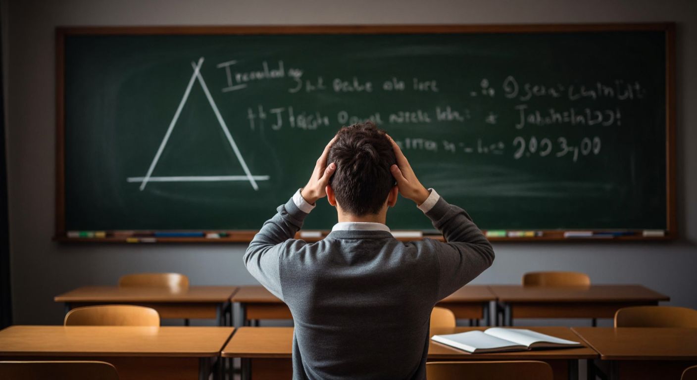 A frustrated student in a Turkish classroom scratches their head while staring at a chalkboard displaying a right-angled triangle with one side missing, symbolizing the undefined tangent values at 90 and 270 degrees.
