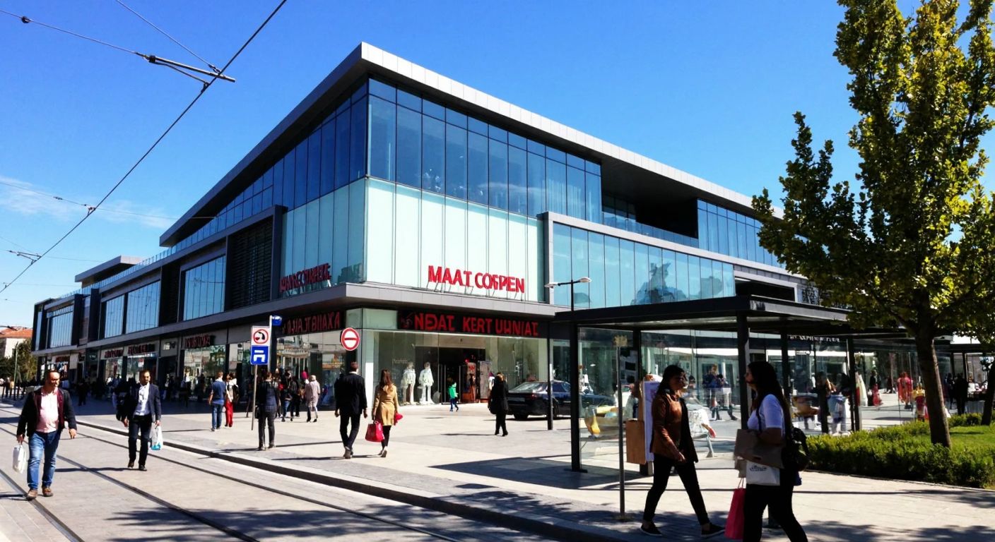 A bustling shopping mall with a modern glass facade in Maltepe, Istanbul, surrounded by people carrying shopping bags and a nearby tram stop under a sunny sky.