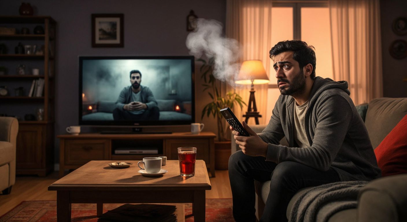 A puzzled Turkish man in a cozy living room with a TV remote in hand, glancing at a blank television screen while a steaming cup of çay sits on a wooden coffee table nearby.