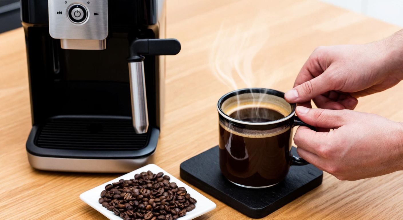 A close-up of a Turkish coffee enthusiast's hands adjusting the grinder dial on a Philips LatteGo machine, with freshly ground coffee beans spilling onto a small tray beside a steaming cup of rich, aromatic coffee.
