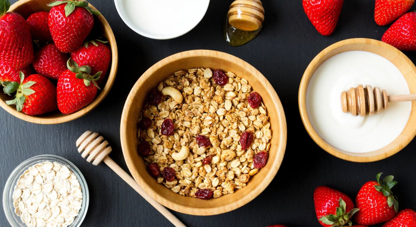 A vibrant Turkish kitchen countertop with fresh strawberries, oats, honey, and yogurt arranged neatly beside a wooden bowl of homemade strawberry granola, evoking warmth and natural flavors.