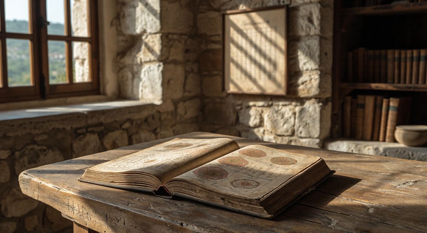 A weathered Ottoman-era book lies open on a wooden table, its pages showing intricate illustrations of the Hijri and Rumi calendars, while a modern Gregorian calendar hangs on a sunlit stone wall in the background.