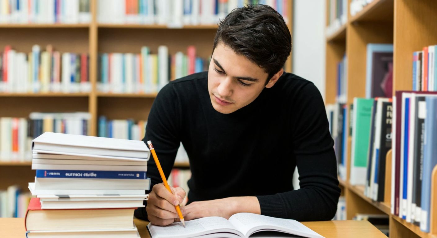 A young Turkish student in a library, intently studying a French textbook with a stack of practice papers and a pencil in hand, surrounded by shelves of language-learning books.