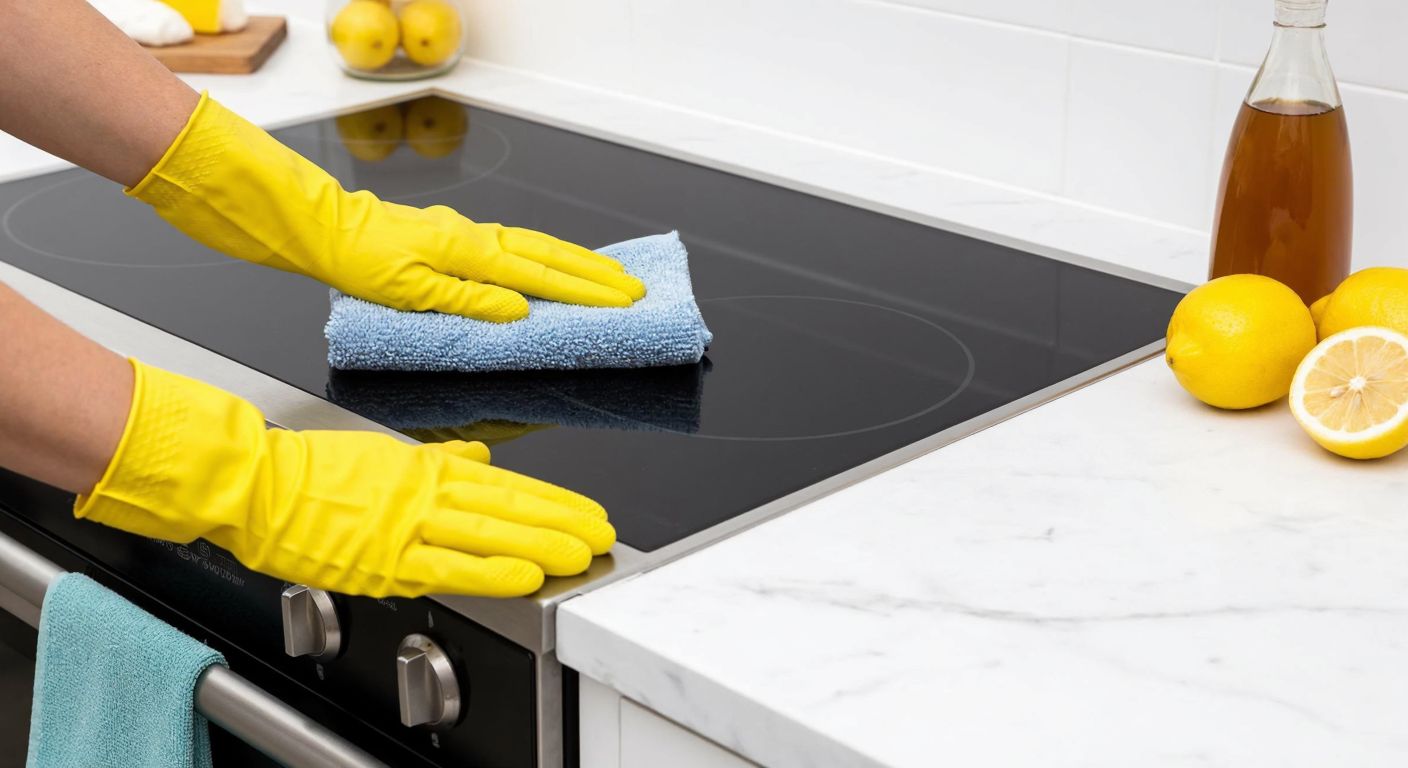 A person wearing yellow rubber gloves carefully scrubbing a sleek built-in stove with a soft blue microfiber cloth, surrounded by natural cleaning supplies like lemons and vinegar on a marble countertop.