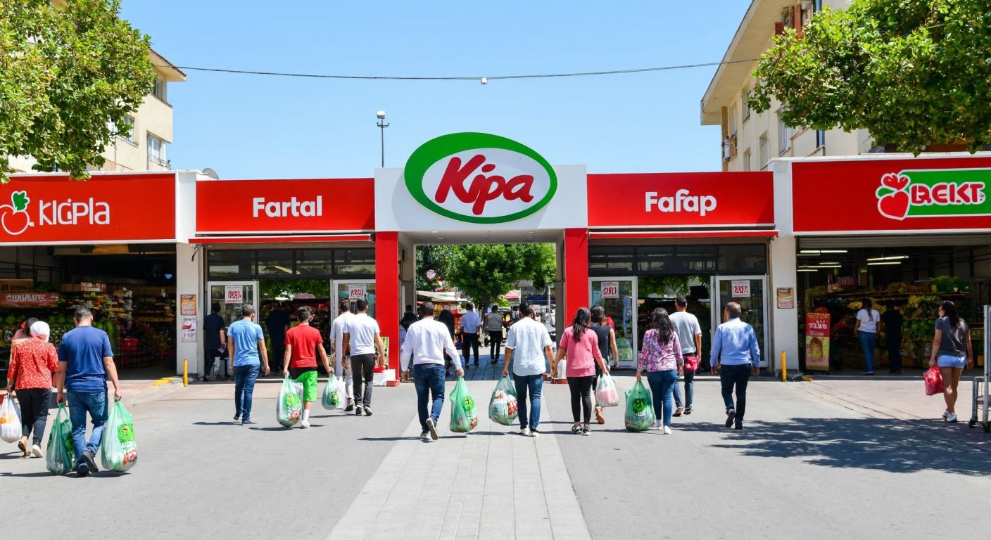 A bustling street in İzmir's Bornova district with four distinct Kipa supermarket entrances, each marked by bright red signage, surrounded by shoppers carrying bags of fresh produce and local goods.