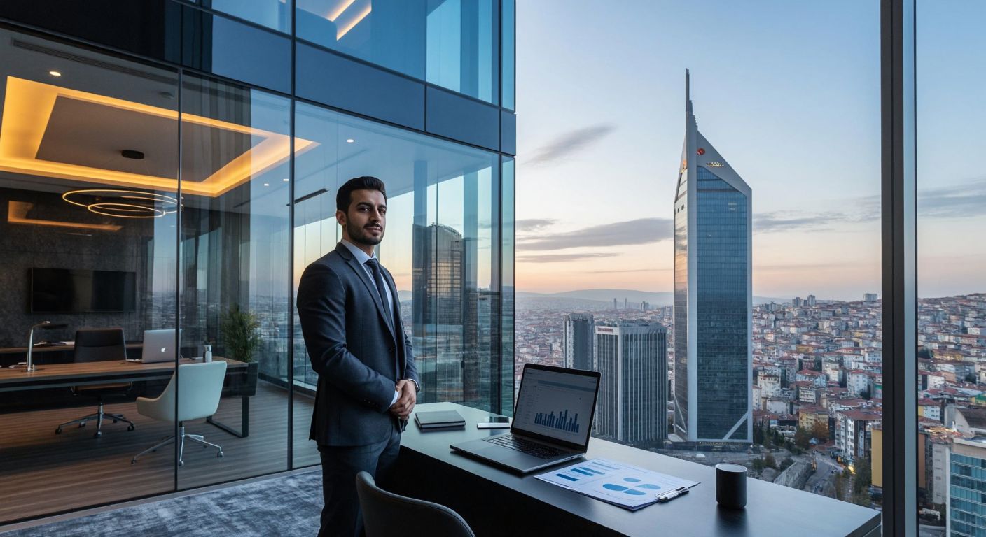 A modern Istanbul office tower with a sleek glass facade, reflecting the bustling financial district, where a well-dressed professional in a suit stands confidently near a desk with a laptop and financial charts.