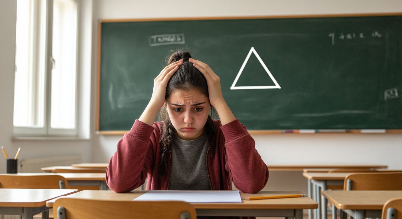 A frustrated student in a Turkish classroom scratches their head while staring at a blank sheet of paper with a pencil in hand, as a teacher points to a chalkboard displaying a simple right triangle with one angle marked.