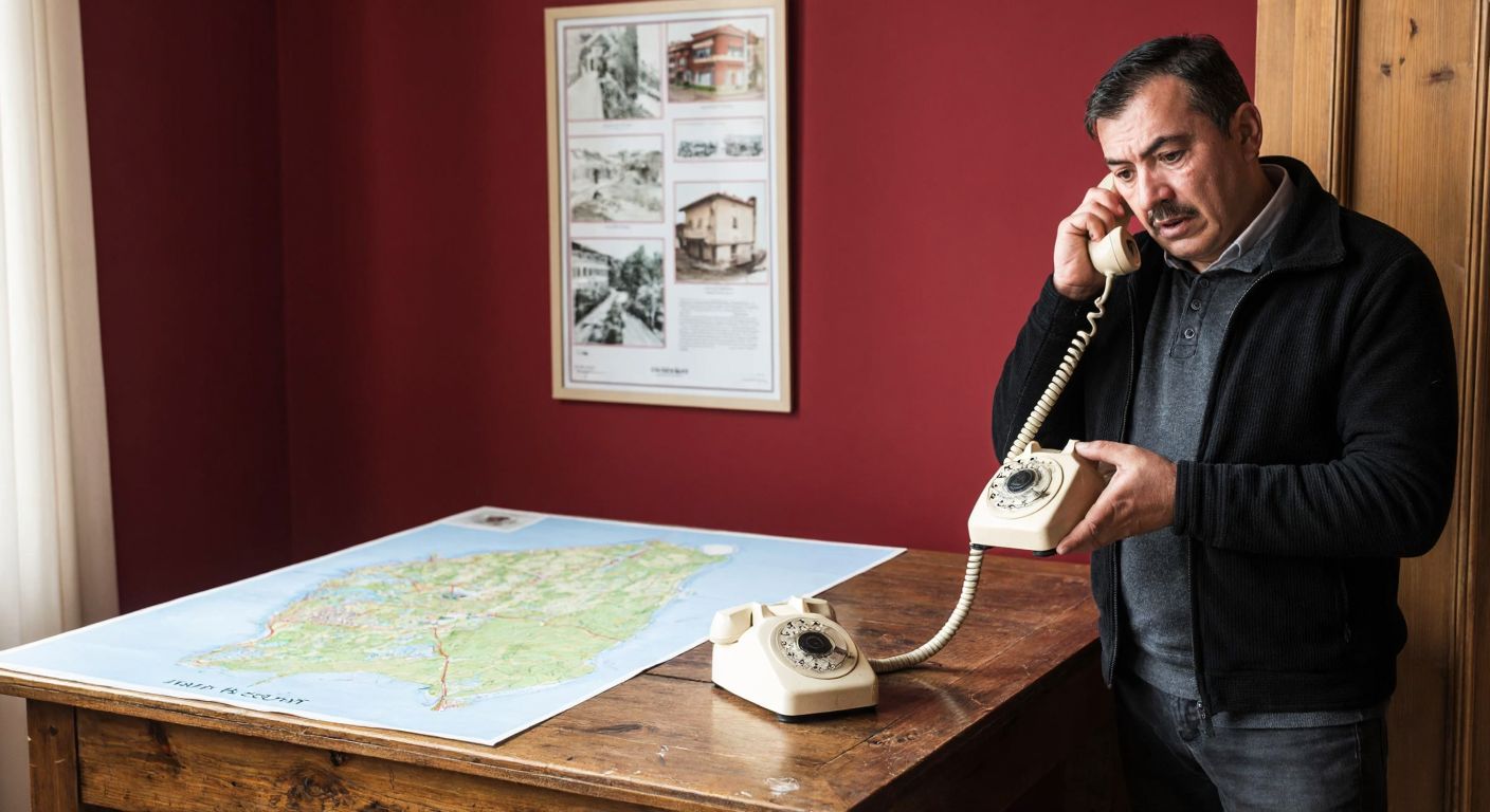 A puzzled person in Bartın, Turkey, holds an old rotary phone while standing near a rustic wooden table with a map of the city's districts.