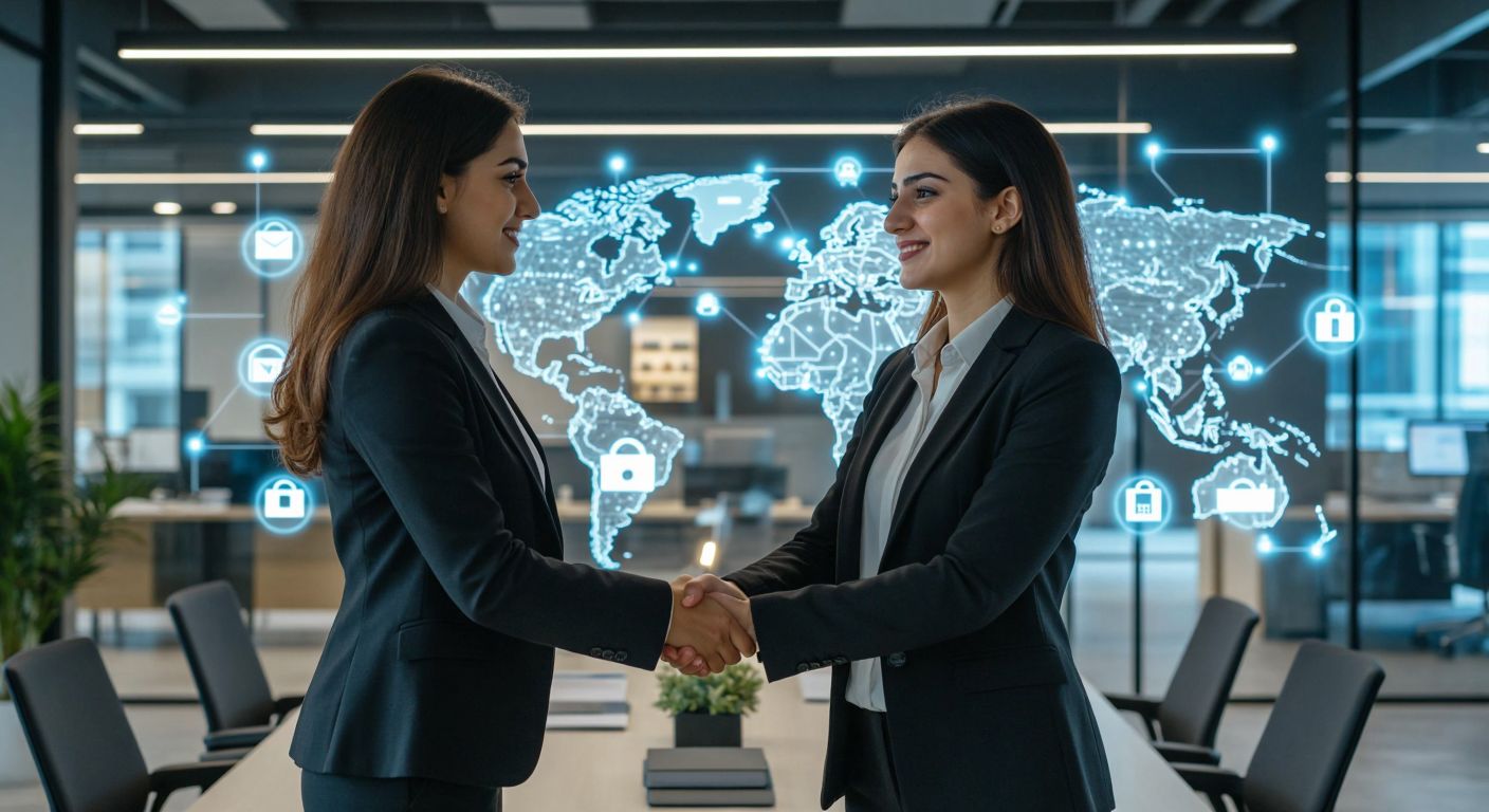 A confident Turkish businesswoman in a modern office shakes hands with a global investor, surrounded by digital shopping icons and a glowing map of Turkey expanding into neighboring regions.