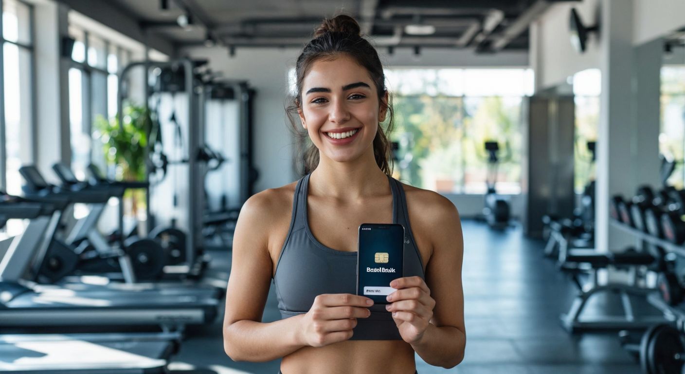 A young Turkish woman in workout clothes smiles while holding a credit card, standing in a bright gym with a smartphone displaying a banking app in her hand.