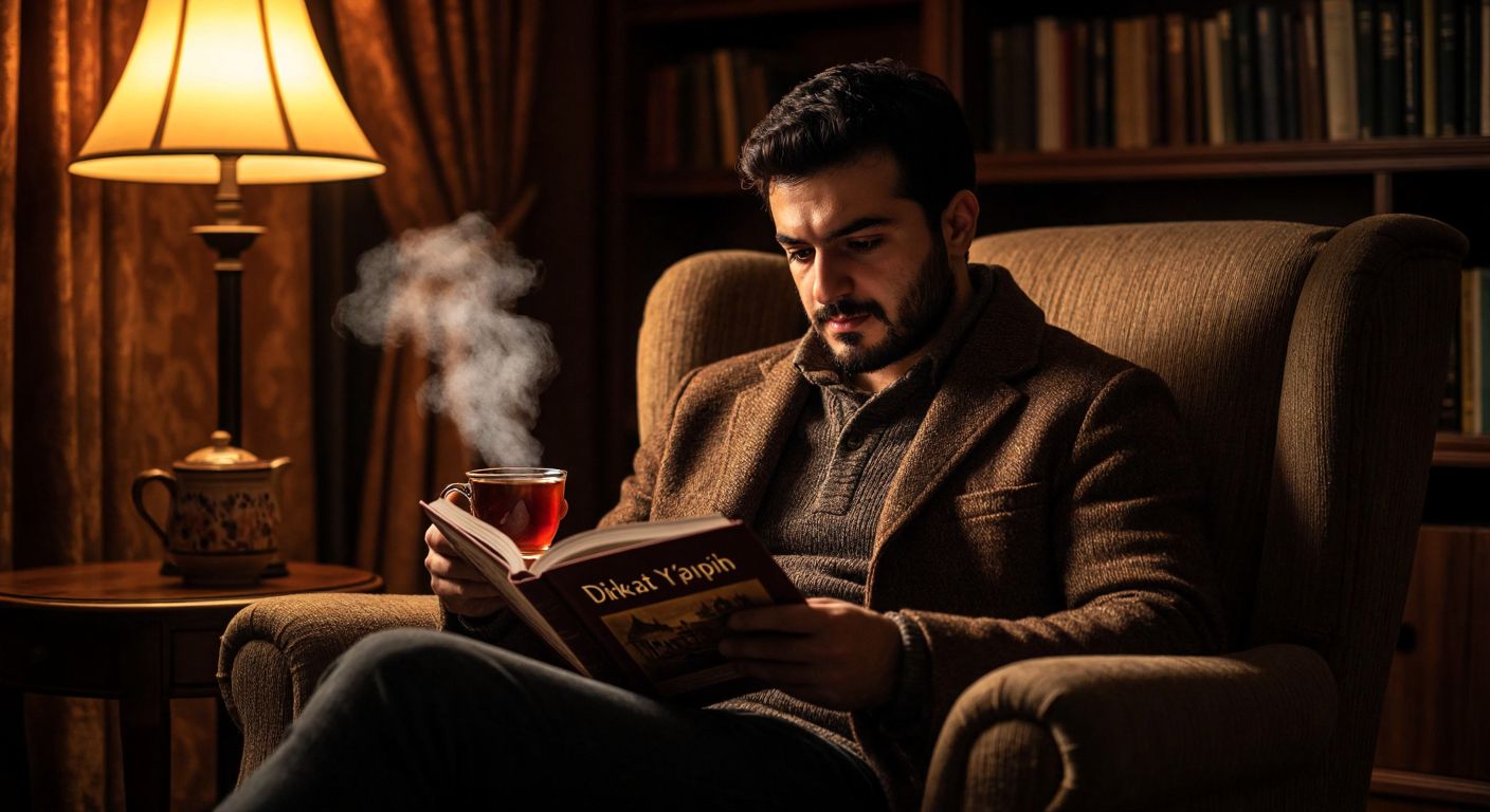 A focused Turkish reader with a steaming cup of çay sits in a cozy armchair, flipping through the pages of "Dikkat Zengin Yapabilir" under warm lamplight, their expression curious and engaged.