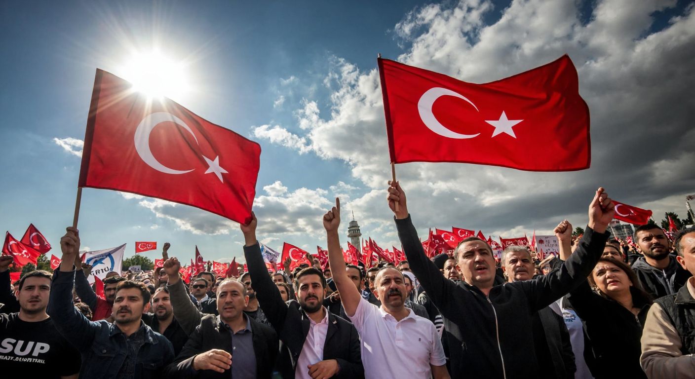 A split-frame image showing two distinct political rallies in Turkey, one with a crowd waving SHP banners under a bright sun, and the other with SDP supporters gathered under a cloudy sky, both groups dressed in casual attire with determined expressions.