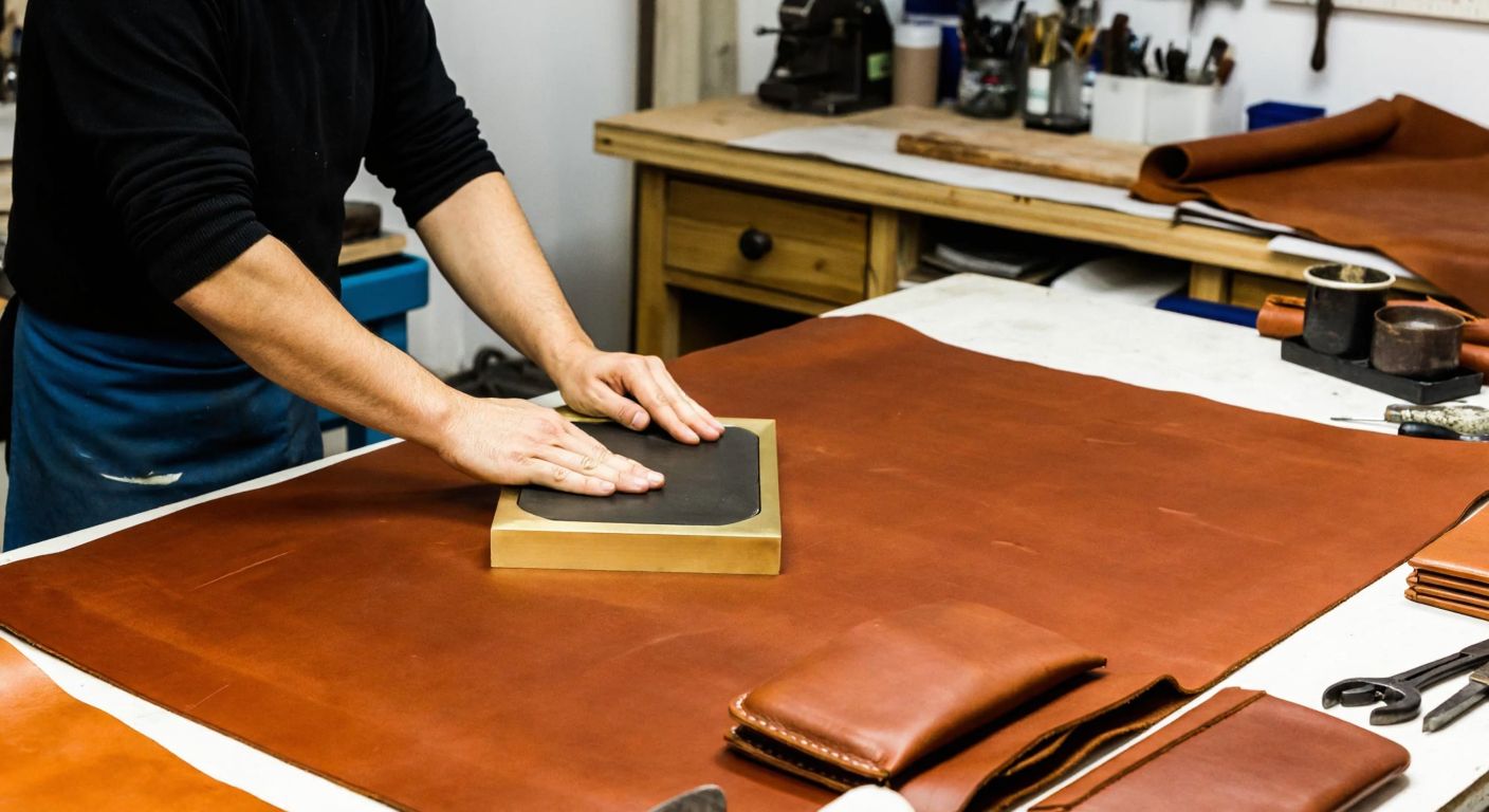 A skilled artisan in a Turkish leather workshop carefully presses a brass mold onto a sheet of rich brown leather, surrounded by neatly arranged tools and half-finished wallets.