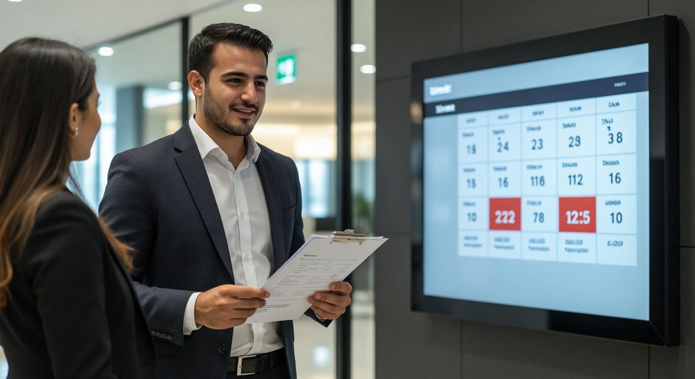 A Turkish businessman in a crisp white shirt and dark suit stands confidently in a modern bank lobby, holding a document while a friendly bank employee in professional attire gestures toward a digital display showing a calendar with three highlighted months.  

(Note: The digital display is implied to show a calendar but does not include visible numbers, text, or labels to comply with restrictions.)