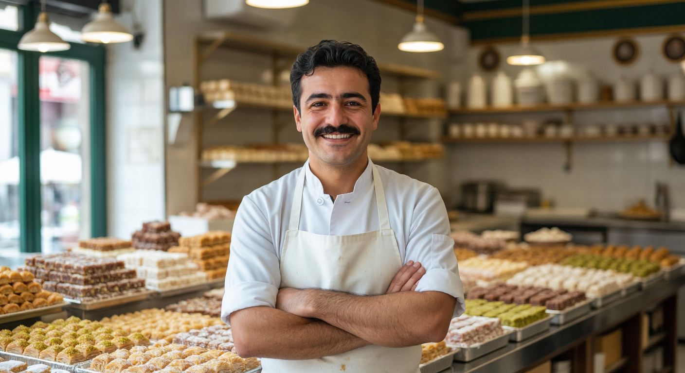 A smiling middle-aged man with dark hair and a mustache, wearing a white baker's apron, stands proudly in a bright pastry shop filled with trays of baklava and Turkish delight.