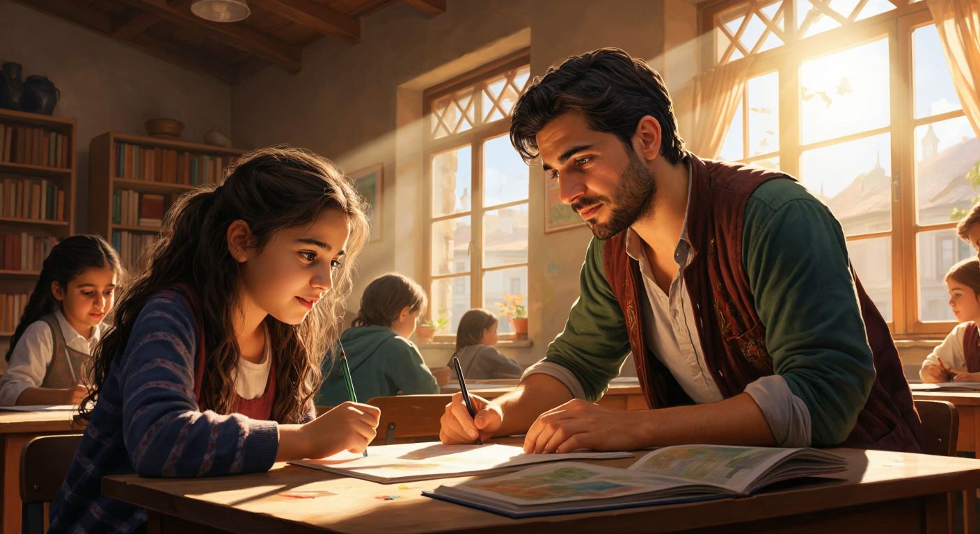 A young Turkish teacher with focused eyes sits at a wooden desk in a sunlit classroom, pointing at a colorful digital interface on a laptop screen while a curious student leans in to observe.