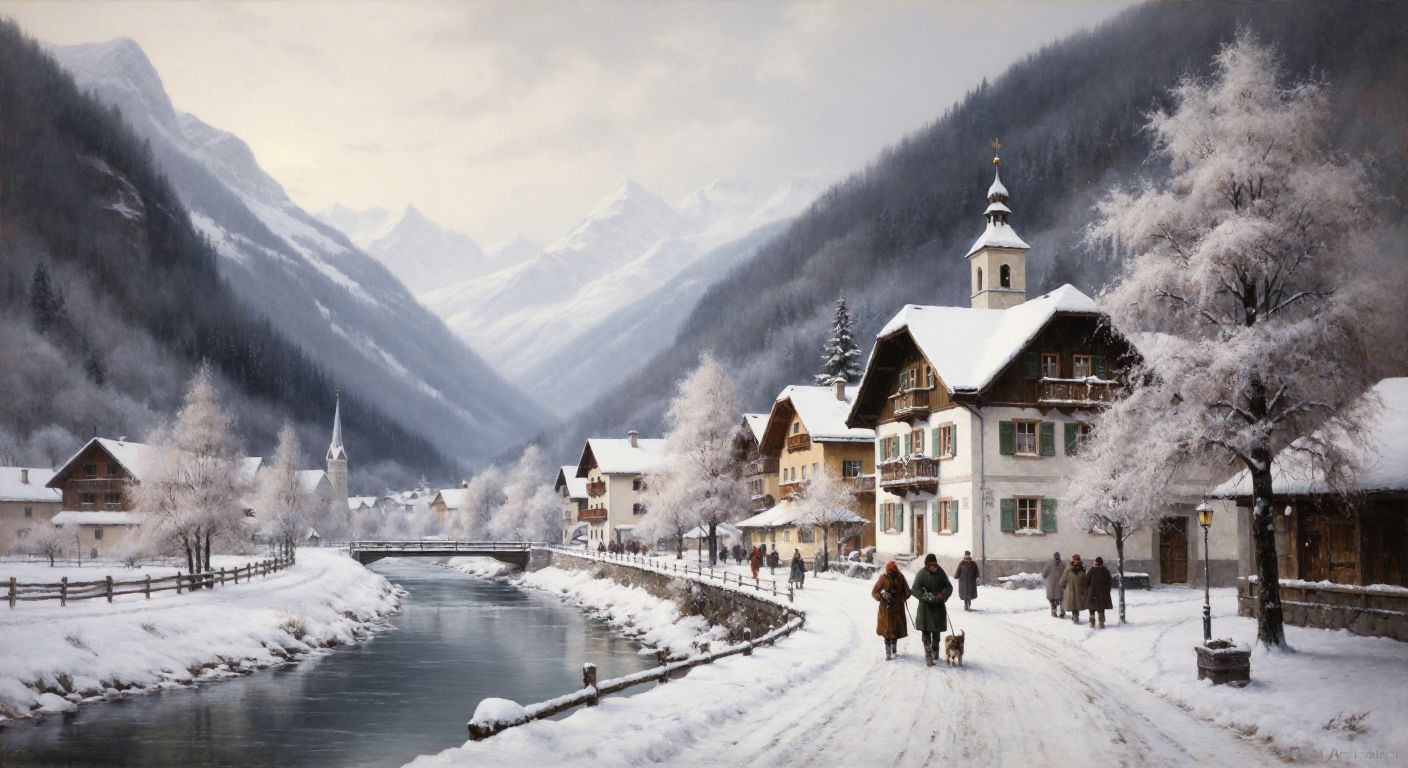 A snow-covered Austrian alpine village under a pale winter sky, with frost-laden trees and a frozen river, while bundled-up figures walk through the quiet streets.