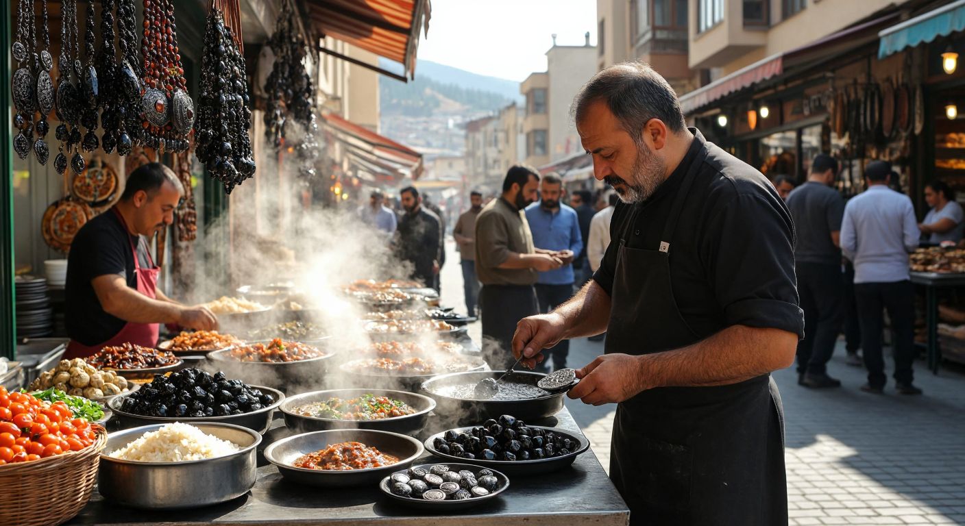 A bustling Turkish restaurant in Oltu with steaming plates of local dishes, a craftsman meticulously carving Oltu stone jewelry, and a lively market scene with people admiring traditional products.