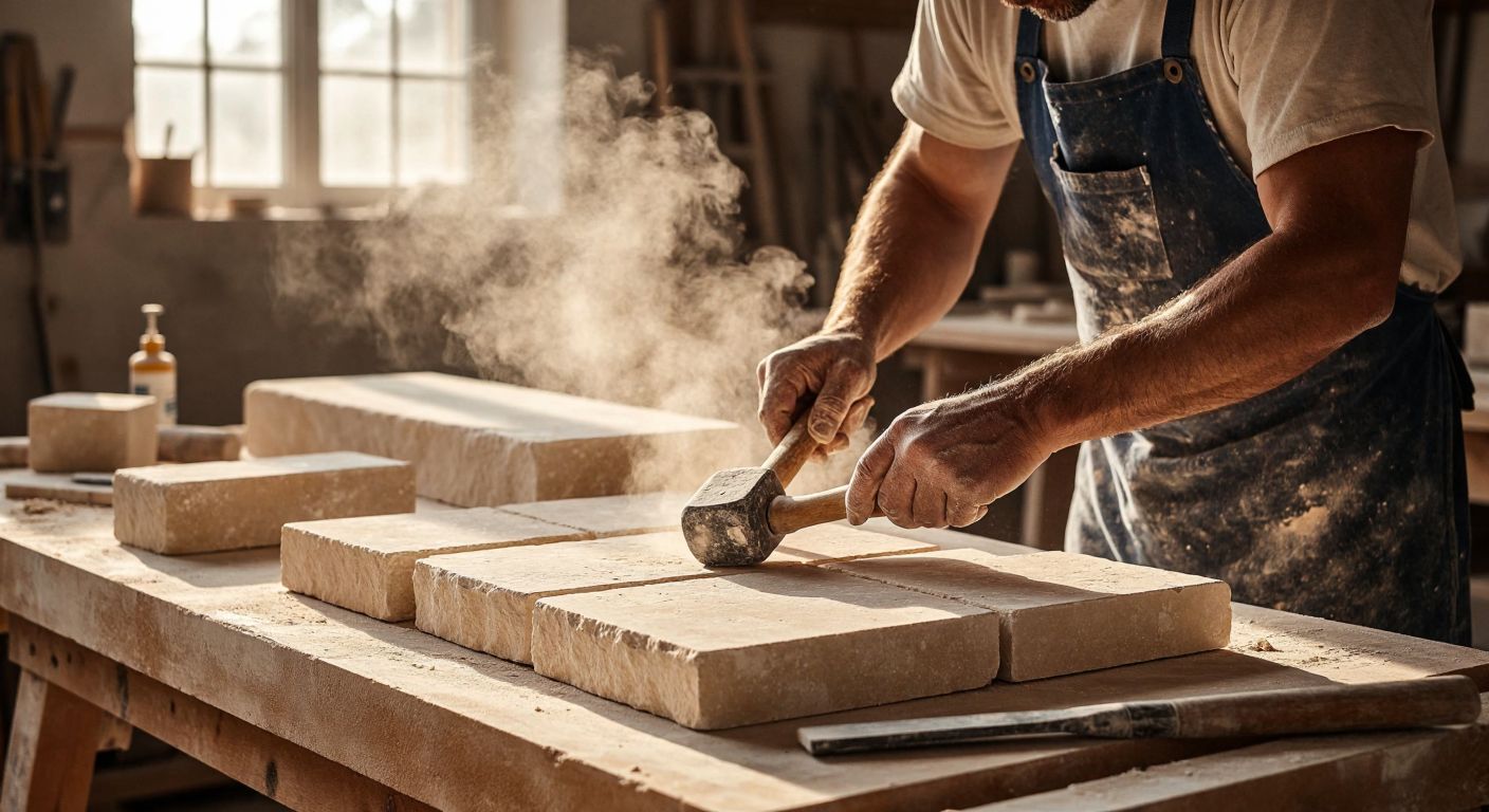A craftsman in a dusty workshop carefully arranges rough travertine stone pieces on a wooden table, with tools like a rubber mallet and adhesive nearby, while natural light highlights the stone's warm, earthy tones.