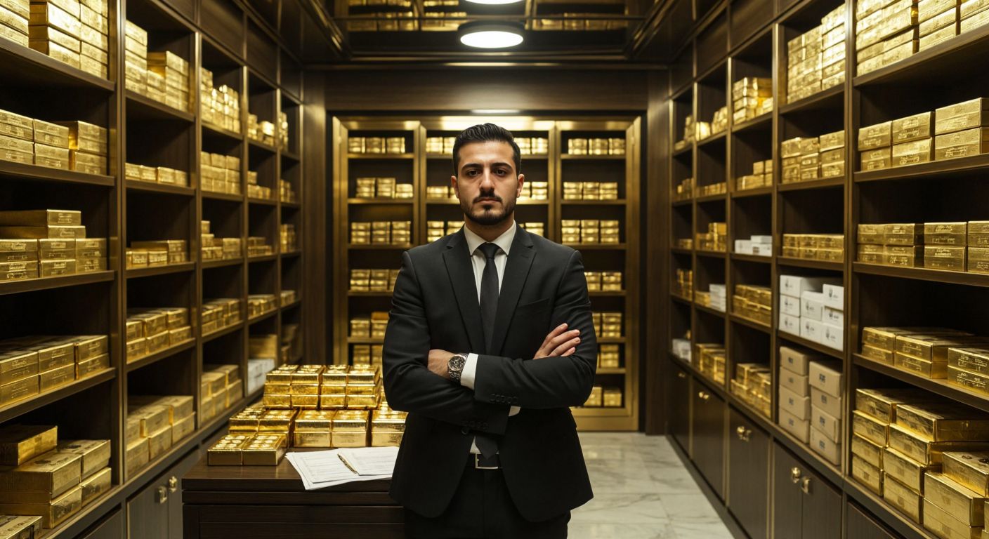 A solemn Turkish banker in a formal suit stands in a vault filled with stacks of foreign currencies, gold bars, and financial documents, exuding confidence and stability.