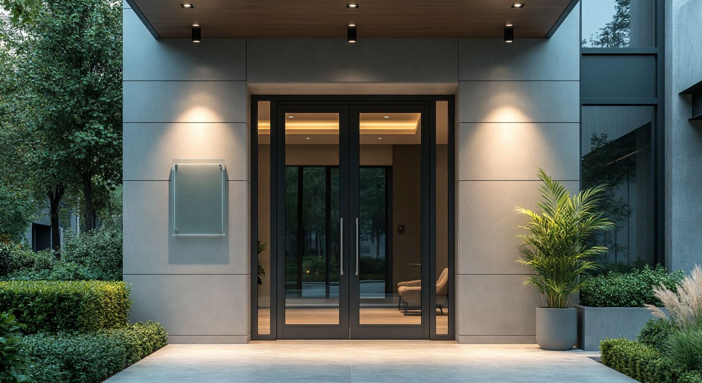 A sleek, modern dietitian's office entrance in Turkey, featuring a weather-resistant outdoor sign with soft lighting, a transparent plexiglass door plaque, and a minimalist stainless-steel indoor sign in the waiting area, all in calming pastel tones.