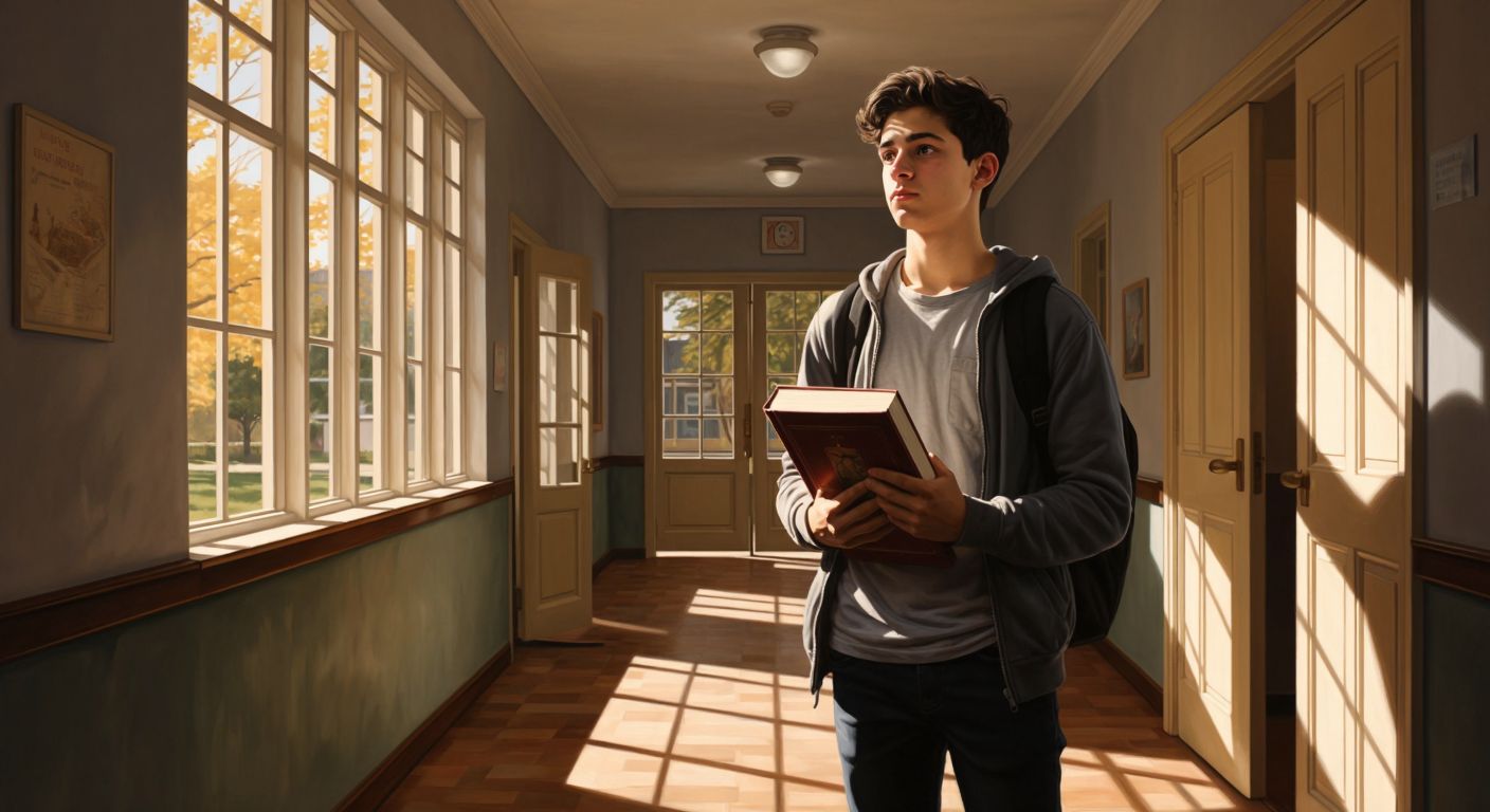 A thoughtful Turkish teenager stands at a crossroads in a sunlit school hallway, holding a stack of books representing different academic fields—science, literature, and trade tools—while gazing at a guidance counselor’s open door.