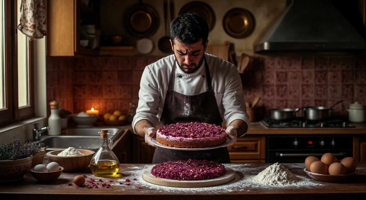 A frustrated home cook in a Turkish kitchen holds a dense, dry rose-flavored cake, surrounded by scattered ingredients like flour, eggs, and oil, with an oven glowing in the background.