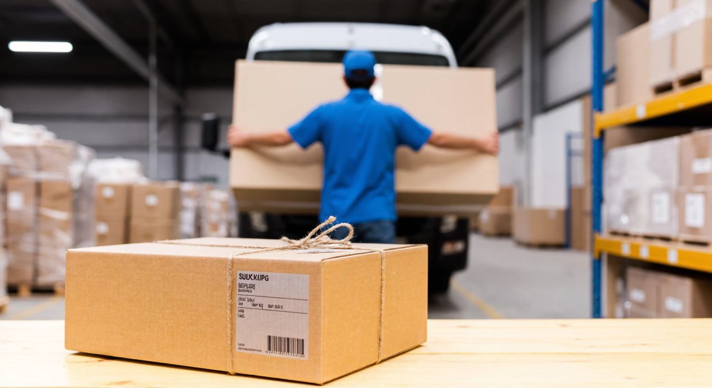 A neatly packed brown cardboard box with a tied shipping label, placed on a wooden table in a bustling Turkish warehouse, surrounded by other packages and a worker in a blue uniform preparing to load them onto a delivery truck.