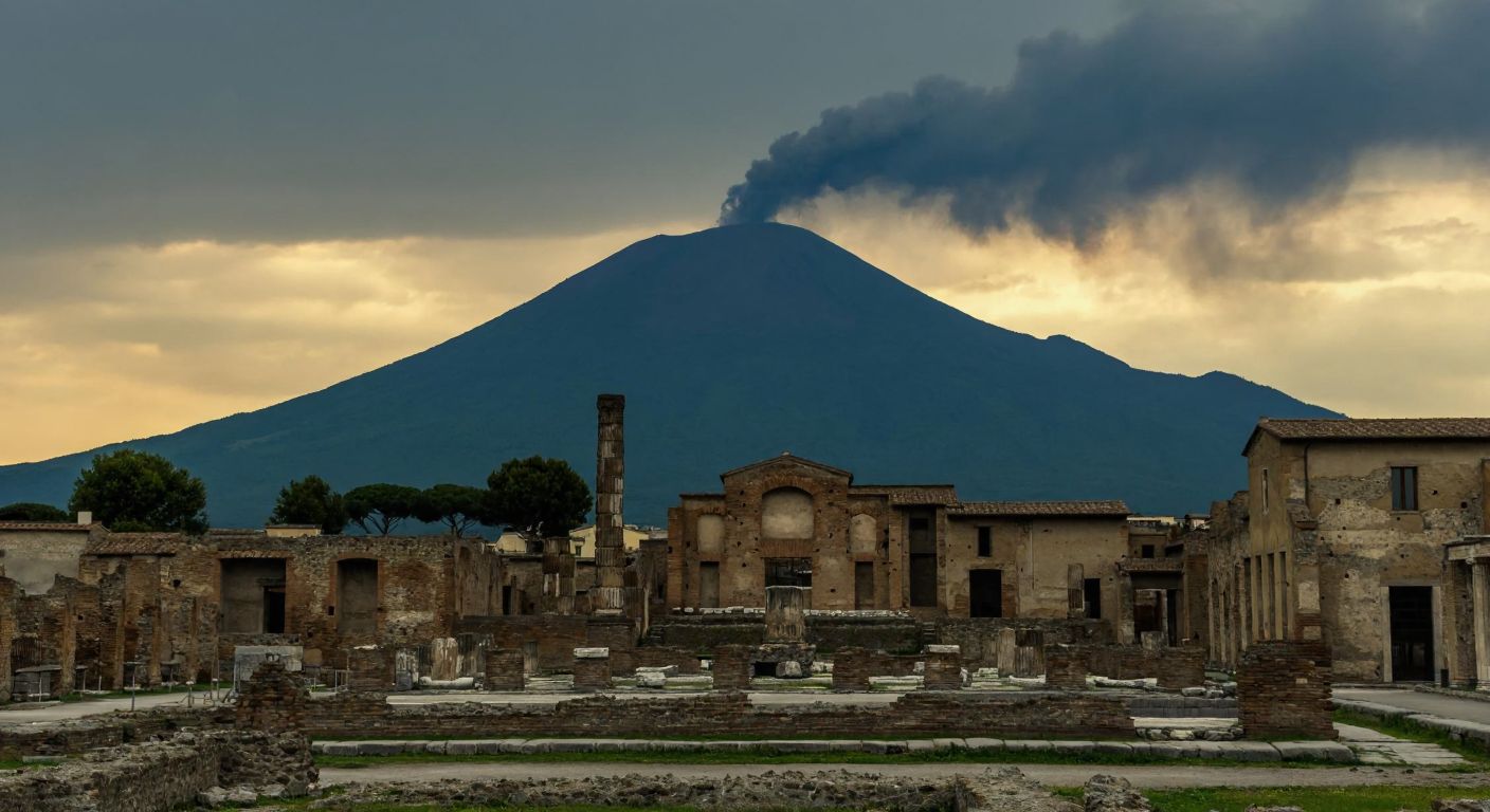 A towering, smoke-spewing Mount Vesuvius looms over the ruins of Pompeii, with ancient Roman buildings half-buried in ash under a darkened sky.