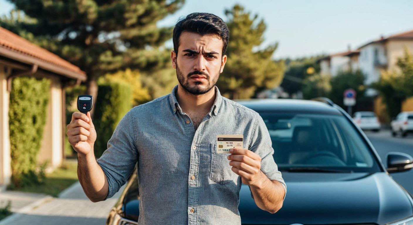 A Turkish man in a casual shirt frowns slightly while holding a car key in one hand and a bank card in the other, standing near a parked car with a tax payment slip tucked under the windshield wiper.