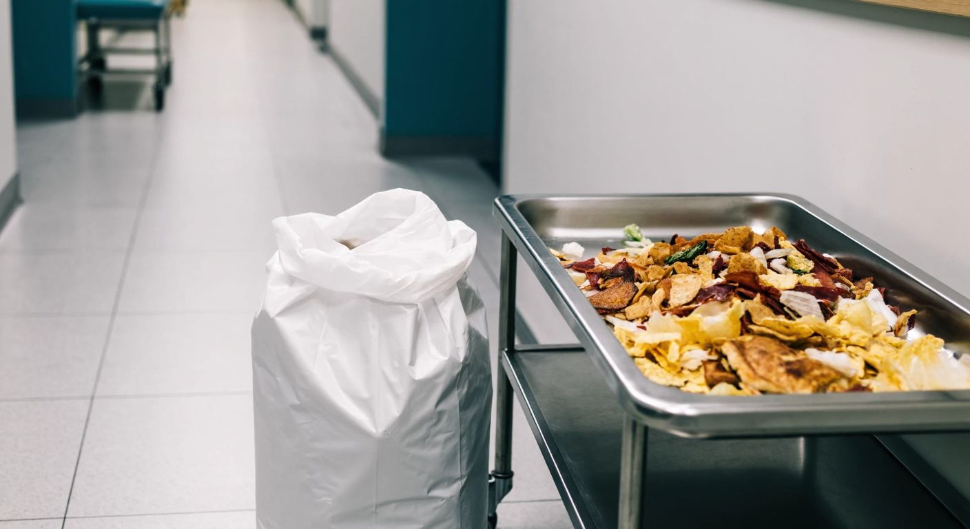 A white hospital waste bag filled with leftover food scraps, placed beside a stainless steel medical tray in a clean, tiled hospital corridor.
