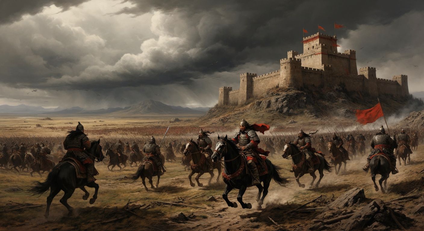 A vast, windswept battlefield under a stormy sky, with armored Mongol warriors on horseback charging toward a crumbling Tangut fortress, while weary defenders struggle amid cracked earth and withered crops.