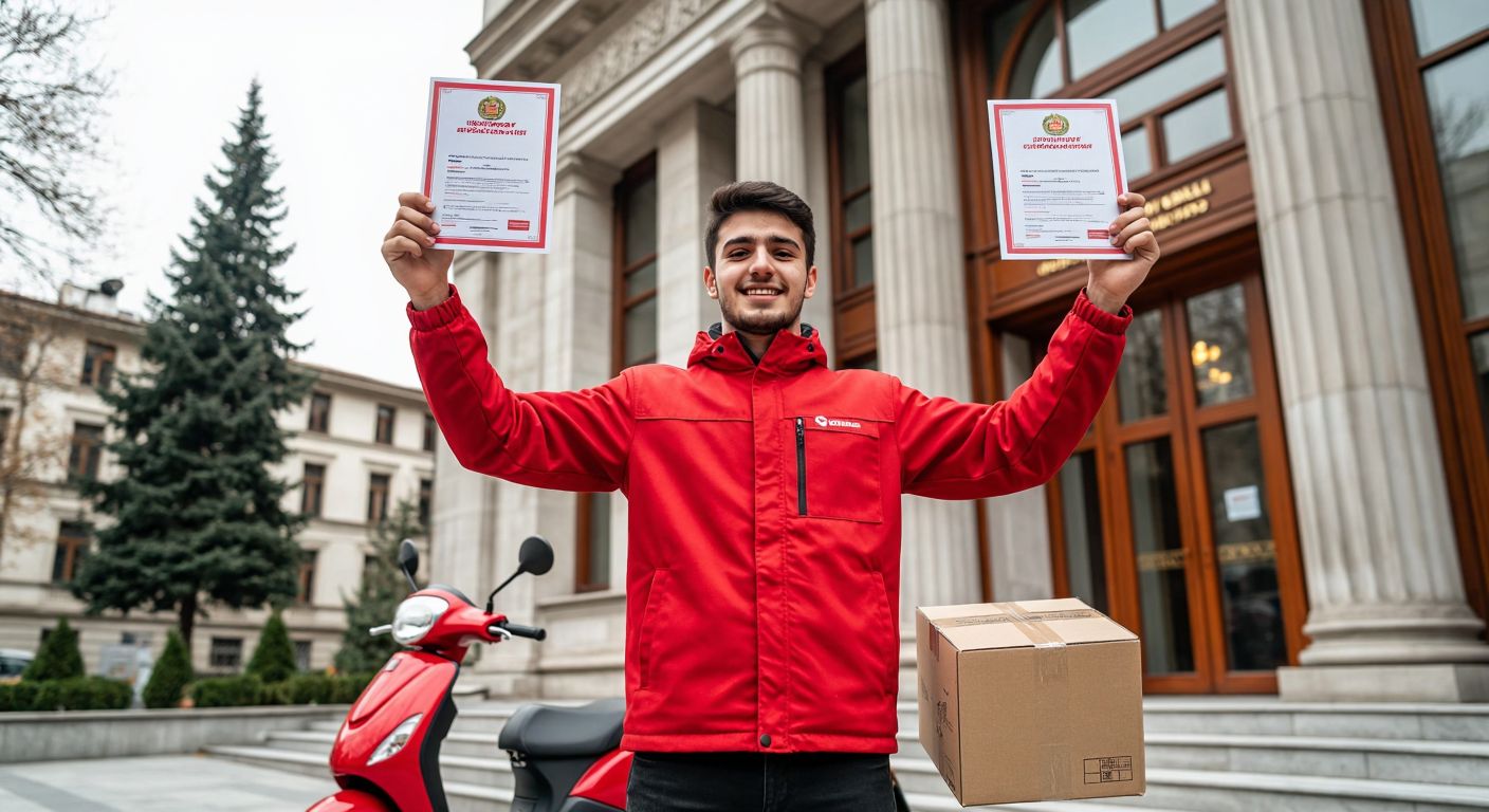 A determined young courier in a red delivery jacket stands proudly in front of a government office in Istanbul, holding up two freshly printed certificates while a scooter with a delivery box waits nearby.