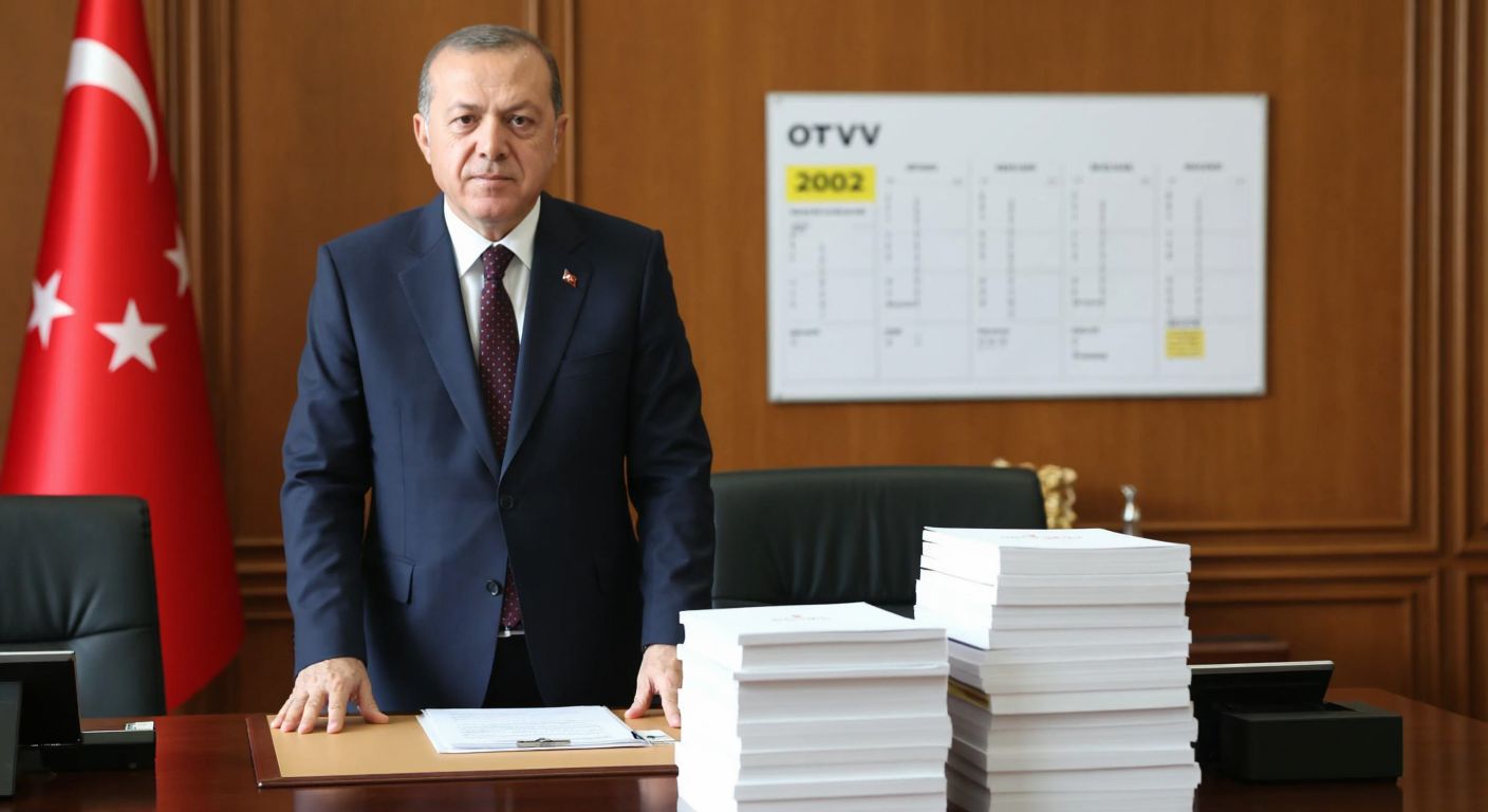 A solemn Turkish government official in a formal suit stands in front of a stack of legal documents labeled "ÖTV" on a wooden desk, with a calendar page showing June 2002 in the background.