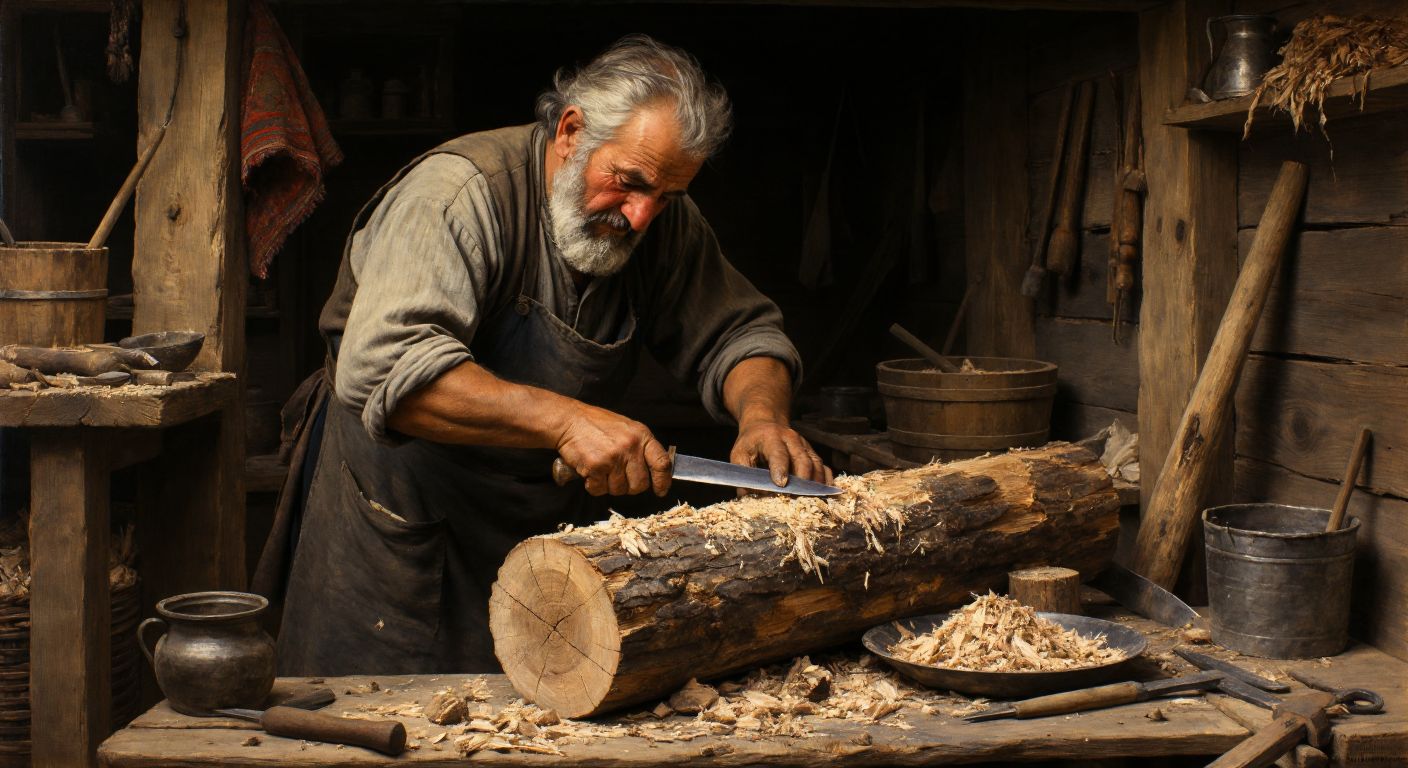 A weathered craftsman in a rustic Turkish workshop carefully carves a hollow into a thick log with a falchion knife, surrounded by scattered wood shavings, a hammer, and a pointed stick.