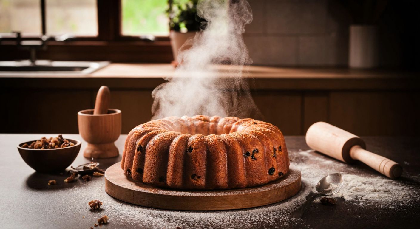 A golden-brown raisin and walnut cake sits on a kitchen counter in a warm Turkish home, with steam rising from its freshly baked surface, surrounded by scattered flour and a wooden spoon.