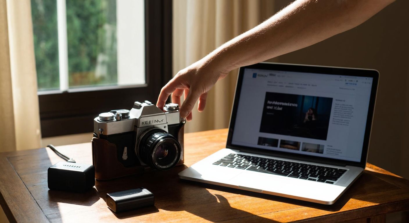 A person in Turkey carefully places a vintage camera with a lens on a wooden table, surrounded by accessories like a charger and battery, while sunlight streams through a window onto a laptop displaying a marketplace website.