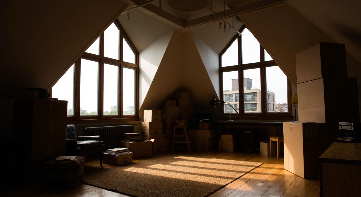 A cozy, dimly lit attic filled with stacked boxes and old furniture contrasts with a bright, spacious loft featuring high ceilings, large windows, and modern furnishings.
