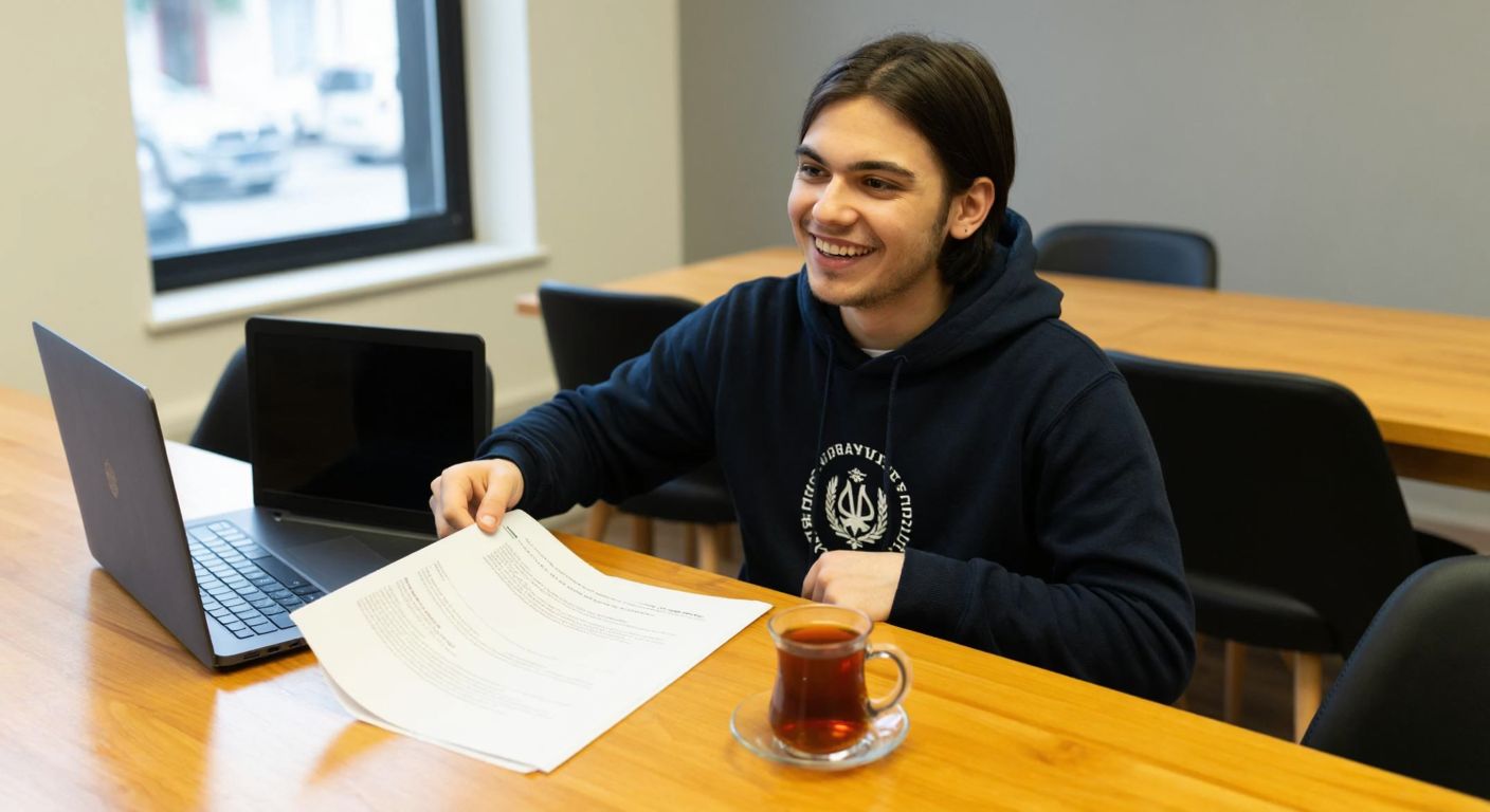 A young student in Istanbul, wearing a university hoodie, sits at a wooden desk with a laptop open, smiling as they hold a freshly printed document, with a steaming cup of Turkish tea beside them.