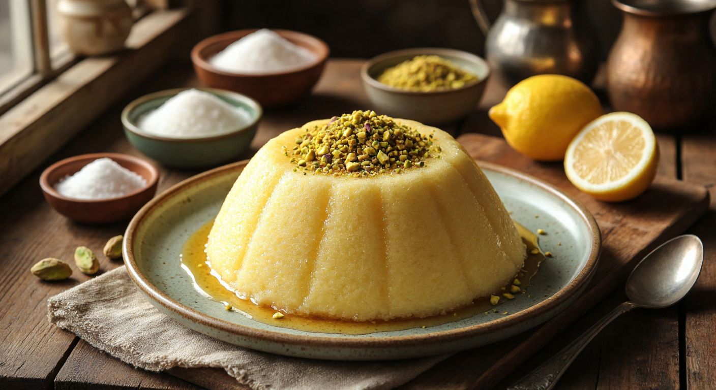 A golden, fluffy mound of *köpük helvas* sits on a ceramic plate, drizzled with syrup and sprinkled with crushed pistachios, surrounded by small bowls of sugar, semolina, milk, and a lemon half on a rustic wooden table in a sunlit Turkish kitchen.