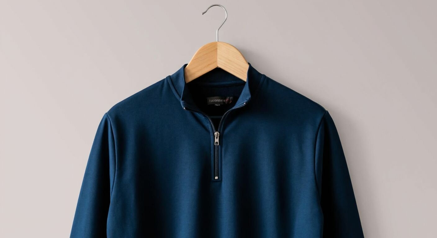 A stylish dark blue zip-up sweatshirt displayed on a wooden hanger against a neutral background, evoking a modern Turkish fashion boutique.