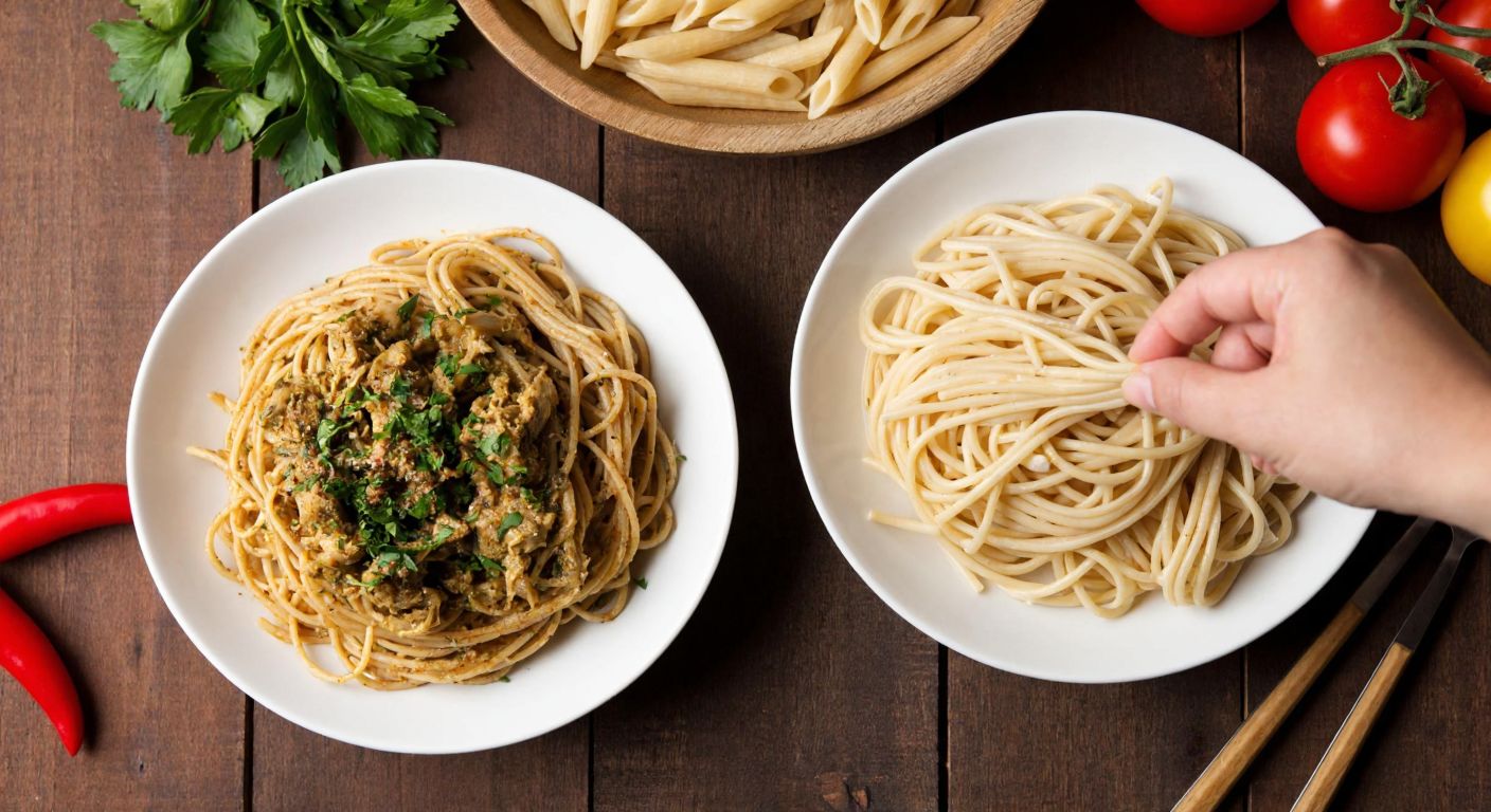 A rustic wooden table in a Turkish kitchen holds two plates of pasta—one with golden-brown whole wheat spaghetti topped with fresh herbs and olive oil, and the other with pale white pasta—while a hand points toward the whole wheat dish, emphasizing its nutritional richness.