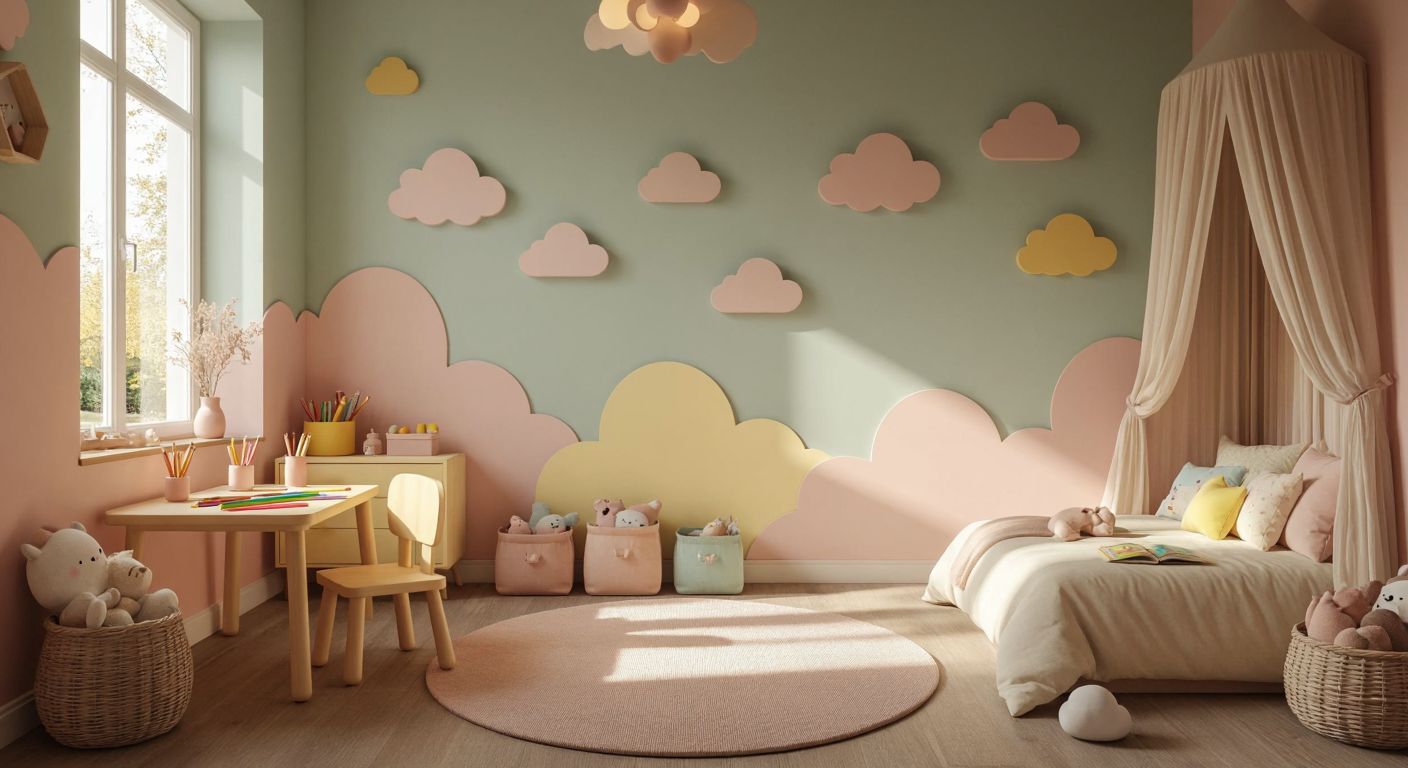 A warm, sunlit Turkish children's room with pastel-colored walls adorned with playful cloud motifs, a soft rug on the floor, a small wooden table with crayons, and a cozy bed with plush toys arranged neatly nearby.