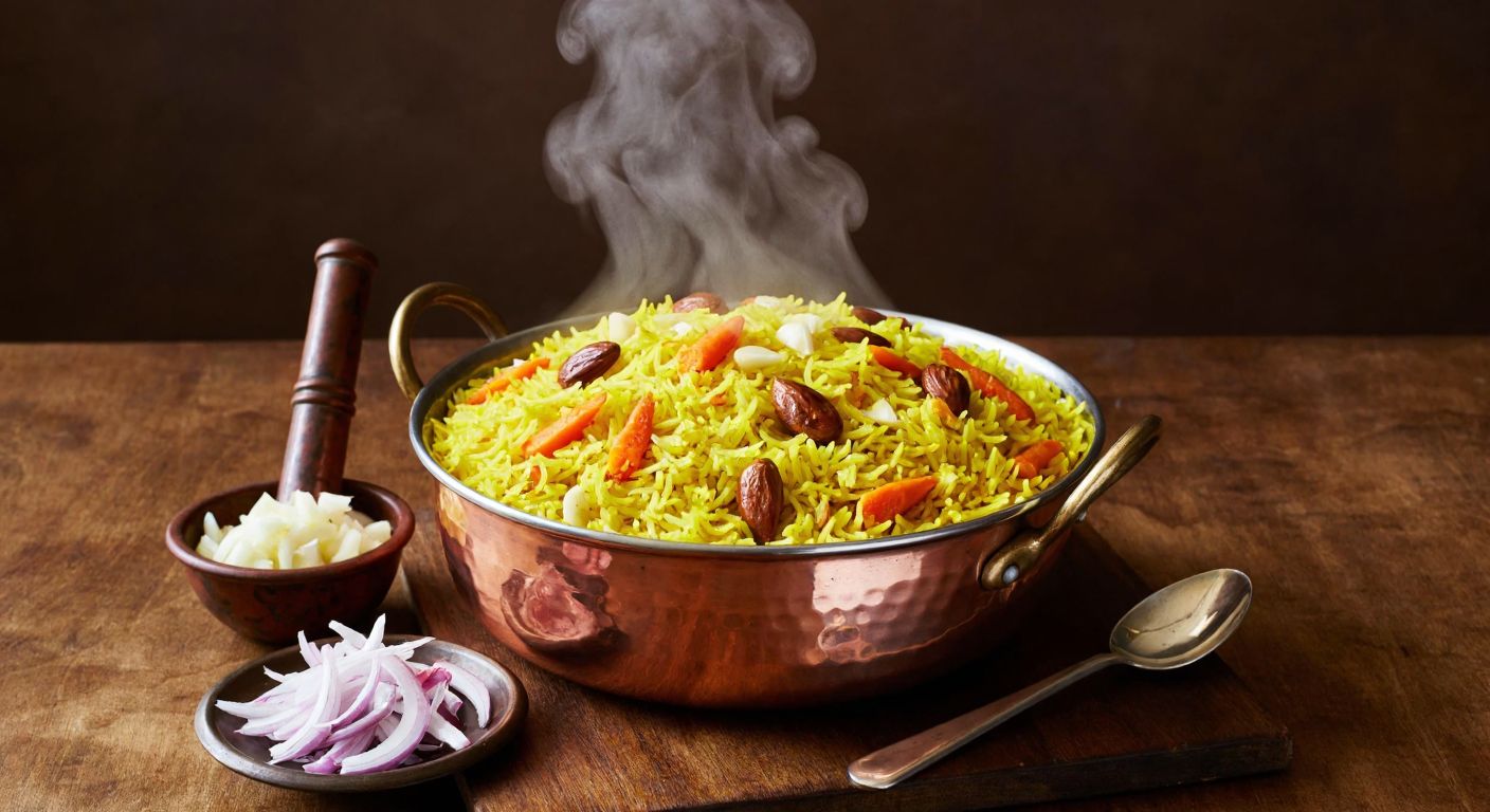 A steaming copper pot of golden-yellow rice pilaf with saffron, studded with slivered carrots, toasted almonds, and aromatic spices, resting on a wooden table beside a mortar filled with crushed garlic and a bowl of chopped onions, evoking the rich flavors of Middle Eastern cuisine.